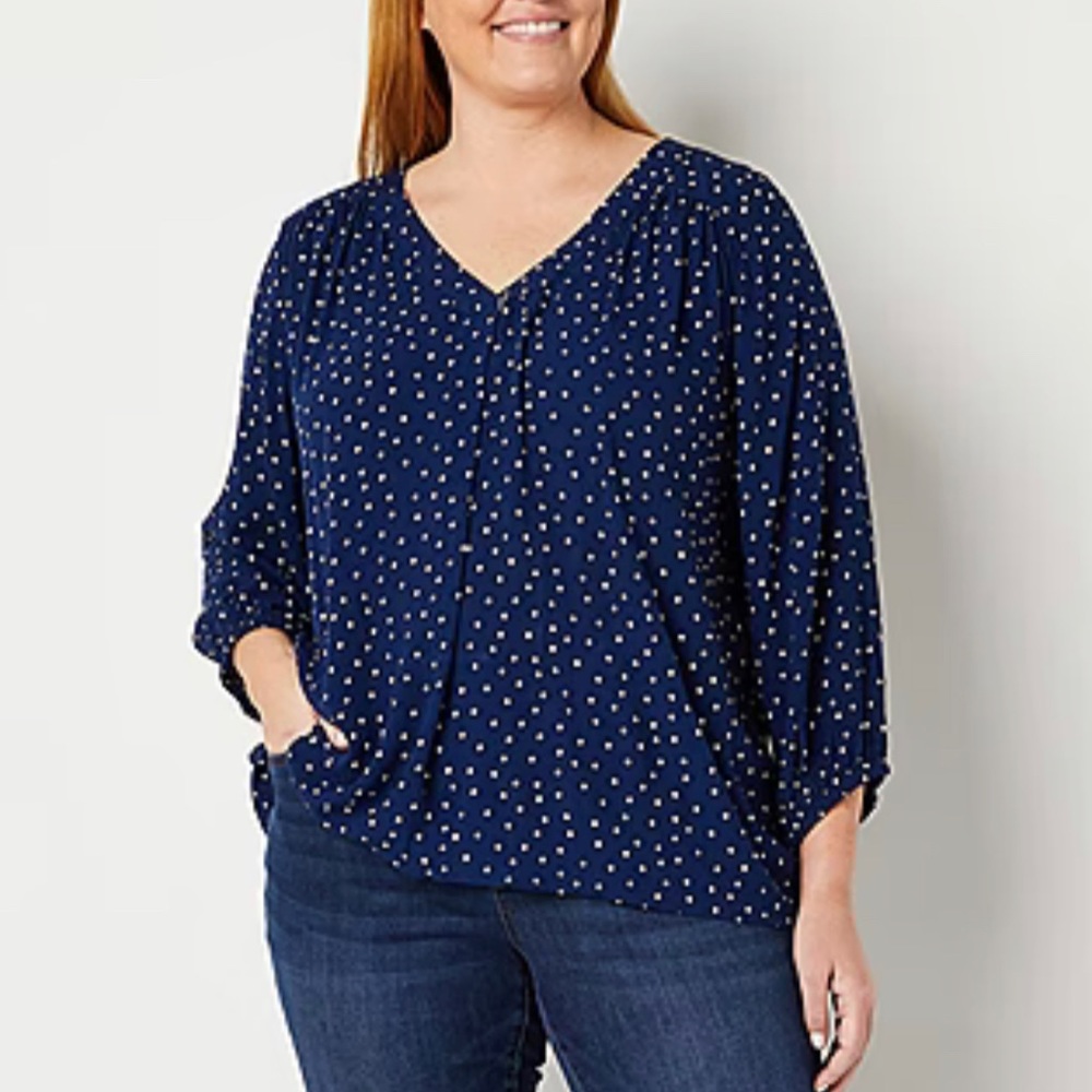 St John Bay | Navy Blue Plus Size Womens V Neck 3/4 Sleeve Blouse
